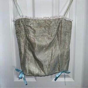 Y2K Green Paisley Corset Top Cream Lace Trim S Thin Straps Victorian Romance